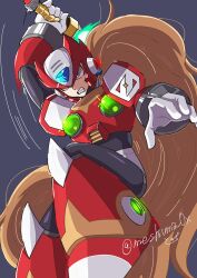Rule 34 | 1boy, absurdres, armor, blonde hair, blue eyes, chest jewel, energy sword, forehead jewel, grey background, helmet, highres, holding, holding sword, holding weapon, long hair, male focus, mega man (series), mega man x (series), meshiuma0x, ponytail, red armor, red helmet, shoulder armor, simple background, solo, sword, twitter username, weapon, z saber, zero (mega man)