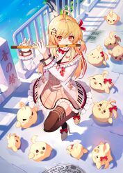 1girl absurdres ahoge bird blonde_hair bow bowtie brown_sailor_collar brown_thighhighs buttons chick commentary_request cross-laced_clothes cross-laced_sleeves currynoodle_art day dizi double-breasted dress flute footwear_bow fortissimo frilled_cuffs frilled_dress frilled_jacket frills from_above hair_ornament high_heels highres hololive hololive_dev_is instrument jacket knee_up long_hair long_sleeves looking_at_viewer music musical_note musical_note_hair_ornament one_side_up open_clothes open_jacket otonose_kanade otonose_kanade_(1st_costume) pavement piano_print plaid_clothes plaid_dress playing_flute playing_instrument railing red_bow red_bowtie red_eyes river road sailor_collar shadow short_dress sleeve_bow solo storm_drain street swept_bangs thighhighs transverse_flute undershirt virtual_youtuber walking