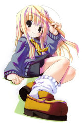 1girl alternate_eye_color alternate_hair_color black_eyes blonde_hair blush closed_mouth eyebrows female_focus full_body harry_potter_(series) hermione_granger highres holding holding_weapon long_hair long_sleeves looking_at_viewer miniskirt necktie pleated_skirt pop school_uniform shade shirt shoes simple_background sitting skirt socks solo striped_necktie striped_neckwear sweater wand weapon white_background white_socks wizarding_world yellow_shoes