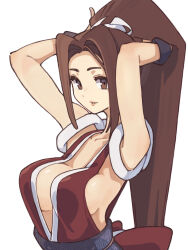 Rule 34 | 1girl, bare shoulders, breasts, brown eyes, brown hair, collarbone, fatal fury, high ponytail, highres, japanese clothes, ninja, ooiwa (irc14786149), parted bangs, ponytail, revealing clothes, shiranui mai, simple background, sleeveless, smile, solo, the king of fighters, the king of fighters xv, upper body, white background