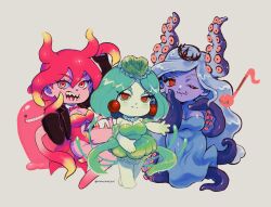 Rule 34 | 3girls, absurdres, barefoot, blonde hair, blue hair, breasts, chibi, chibi only, cleavage, closed mouth, earrings, gradient hair, green hair, highres, humphrey (omori), ippaiotabe mkw, jewelry, large breasts, long hair, looking at viewer, marina (omori), medusa (omori), molly (omori), multicolored hair, multiple girls, necklace, omori, one eye closed, open mouth, otamatone, pink hair, red eyes, sharp teeth, short hair, siblings, sisters, teeth, tentacle hair, twitter username