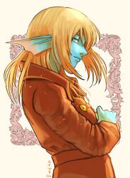 1boy aqua_eyes aqua_skin azbar_(dragon_quest) blonde_hair brown_coat coat colored_skin commentary_request crossed_arms dragon_quest dragon_quest_x fins fish_boy floating_hair from_side head_fins highres long_hair looking_at_viewer looking_to_the_side male_focus monster_boy official_alternate_design phoebe_nemo profile solo upper_body white_background