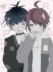 2boys ahoge blue_hair blush collar collarbone eyepatch hands_up heart highres hood hoodie male_focus multiple_boys omokage_yugamu one_eye_covered open_mouth red_hair sumino_takumi the_hundred_line_-last_defense_academy- yaoi