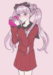 1girl black_bow blush bow box closed_mouth collarbone female_focus hair_bow hands_up heart highres long_hair long_sleeves looking_at_viewer matching_hair/eyes pink_eyes pink_hair pleated_skirt red_skirt simple_background skirt solo solo_focus sweatdrop the_hundred_line_-last_defense_academy- tsukumo_kako twintails