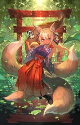 1girl aged_down animal_ears black_boots blonde_hair blue_ribbon blush boots commentary_request dark-skinned_female dark_skin day forest fox_ears fox_girl fox_tail full_body glove_cutout gloves hair_ribbon hakama hakama_skirt half_gloves highres hololive japanese_clothes kintsuba_(shiranui_flare) lace-up_boots lack long_hair long_sleeves looking_at_viewer multicolored_hair multiple_tails nature open_mouth orange_eyes orange_gloves outdoors pointy_ears red_eyes red_hakama red_ribbon ribbon shiranui_flare shiranui_flare_(new_year) skirt smile solo stuffed_animal stuffed_panda stuffed_toy tail torii tree two-tone_hair virtual_youtuber white_hair wide_sleeves