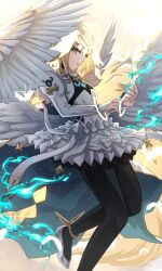 1girl absurdres angel_wings black_pantyhose blonde_hair breasts dress fate/grand_order fate_(series) feathered_wings hair_between_eyes headpiece highres holding jeanne_d&#039;arc_(fate) jewelry juliet_sleeves long_hair long_sleeves looking_at_viewer metatron_jeanne_(fate) metatron_jeanne_(third_ascension)_(fate) multiple_wings pantyhose puffy_sleeves solo teimei_natsu trinity_metatronius_(fate/grand_order) very_long_hair white_dress white_wings wings yellow_eyes
