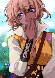 1girl 6v9hix blonde_hair breasts cleavage dark-skinned_female dark_skin hand_on_own_face huge_breasts looking_at_viewer mabinogi muiriol outdoors purple_eyes smile