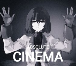 Rule 34 | :|, absolute cinema (meme), closed mouth, commentary, couch, english commentary, english text, expressionless, film grain, gloves, greyscale, hair between eyes, hands up, highres, jacket, lapels, long sleeves, looking at viewer, meme, monochrome, monogatari (series), necktie, notched lapels, oshino ougi, short hair, sleeve cuffs, split mouth, squinting, th whitespace, upper body