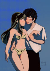 1boy 1girl absurdres animal_print bikini black_pants blue_background breasts commentary cone_horns couple dated hand_on_another&#039;s_waist hetero highres holding_hands horns long_hair mosyart navel pants pointy_ears print_bikini shirt short_hair sidelocks signature simple_background swimsuit symbol-only_commentary tiger_print tongue tongue_out urusei_yatsura white_shirt