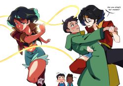 2boys 2girls 38sr black_hair black_pants blue_eyes blush brown_eyes chibi clark_kent coat crop_top dark-skinned_male dark_skin dc_comics denim denim_shorts earrings english_text headband holding_hands holding_lasso jacket jewelry jimmy_olsen lasso lasso_of_truth lois_lane midriff multiple_boys multiple_girls my_adventures_with_superman pants shorts smile stud_earrings superman superman_(series) wonder_woman wonder_woman_(series) yuri