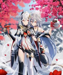 Rule 34 | 2girls, absurdres, bare shoulders, birthday, blurry, blurry background, box, breasts, cake, chinese clothes, closed mouth, commentary request, dead angels, earrings, flower, food, forehead jewel, fu hua, fu hua (crane of taixuan), fu hua (fenghuang of vicissitude), fu hua (garuda), herrscher of sentience, gauntlets, gift, gift box, grey hair, hair between eyes, hand on own chest, highres, holding, holding gift, honkai (series), honkai impact 3rd, jewelry, long hair, looking at another, multicolored hair, multiple girls, necklace, official alternate costume, orange eyes, outdoors, plum blossoms, red eyes, small breasts, smile, snow, snowing, streaked hair, thighs, very long hair, white hair, winter, yellow pupils