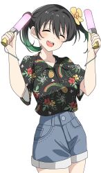 1girl ^_^ bien_(djpwjd1) black_hair black_shirt blue_shorts breasts closed_eyes collared_shirt commentary cowboy_shot denim denim_shorts dress_shirt floral_print flower glowstick gradient_hair green_hair hair_between_eyes hair_flower hair_ornament hawaiian_shirt hibiscus_print highres holding holding_glowstick love_live! love_live!_nijigasaki_high_school_idol_club medium_breasts medium_hair multicolored_hair official_alternate_costume penlight_(glowstick) pineapple_print print_shirt rainbow_print shirt short_sleeves shorts simple_background solo takasaki_yu twintails two-tone_hair white_background yellow_flower