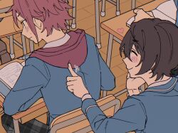 2boys against_desk black_hair book chromatic_aberration classroom closed_eyes curtained_hair desk double-parted_bangs ensemble_stars! film_grain flat_color hair_between_eyes hand_on_another&#039;s_back head_rest heart highres indoors isara_mao male_focus multiple_boys niyororinpayamaru open_book parted_bangs poking red_hair sakuma_ritsu short_hair sitting smile sweatdrop textbook yaoi