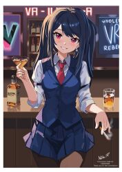 1girl absurdres bar_(place) bartender cigarette cocktail_glass commission cup drinking_glass highres holding holding_cigarette indoors jack_daniel&#039;s jill_stingray melissa_v2 necktie pixiv_commission red_eyes red_necktie smoke smoking solo va-11_hall-a