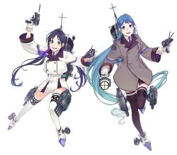 Rule 34 | 2girls, adapted turret, alternate costume, bad id, bad twitter id, black legwear, blazer, blue eyes, blue hair, blue neckwear, cannon, coat, collared shirt, commentary request, full body, gloves, gradient hair, green eyes, grey coat, highres, jacket, kantai collection, long hair, looking at viewer, low twintails, machinery, multicolored hair, multiple girls, neckerchief, necktie, original remodel (kantai collection), pleated skirt, ribbon, samidare (kancolle), school uniform, searchlight, ship turret, shirt, skirt, smile, smokestack, suzukaze (kancolle), swept bangs, thighhighs, torpedo launcher, transparent background, twintails, uyama hajime, very long hair, white background, white gloves, white jacket, white legwear, white skirt