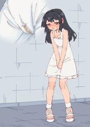 Rule 34 | 1girl, absurdres, between legs, black hair, blush, bright pupils, brown eyes, collarbone, commentary request, dress, embarrassed, flat chest, hand between legs, have to pee, highres, large variant set, long hair, multiple views, open mouth, original, pee stain, peeing, peeing self, rune (dualhart), sandals, standing, toes, variant set, white dress, white pupils, white sandals
