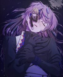 2boys black_gloves black_shirt blonde_hair blue_hair closed_eyes collared_shirt cracked_skin dual_persona gloves green_eyes highres hoshirube_sho long_hair long_sleeves looking_to_the_side lying male_focus mini_person miniboy multicolored_hair multiple_boys nijisanji on_back partially_submerged purple_hair shirt short_hair size_difference smile streaked_hair tanyaka two-tone_hair virtual_talent_academy virtual_youtuber