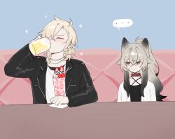 ... 1boy 1girl animal_ears black_jacket blonde_hair degrees_of_lewdity drinking eyebrow_piercing face_piercing grey_hair hair_over_one_eye highres jacket kai_(drakkai10) long_hair open_clothes open_jacket original piercing shirt short_hair shoya_(kai_(drakkai10)) speech_bubble white_shirt whitney_(degrees_of_lewdity) whitney_(male)_(degrees_of_lewdity)