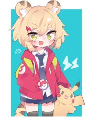 1girl :d animal_ear_fluff animal_ears black_thighhighs blonde_hair blue_background blue_necktie blue_skirt blush border commentary_request fang gen_1_pokemon green_eyes holding holding_poke_ball jacket lightning_bolt_symbol long_sleeves looking_at_viewer miniskirt necktie nintendo open_mouth original pikachu pleated_skirt poke_ball poke_ball_(basic) pokemon pokemon_(creature) red_jacket shirt short_hair skirt smile tail thick_eyebrows thighhighs tiger_ears tiger_girl tiger_tail tomcat_(moconeko) toramimi-senpai v-shaped_eyebrows white_border white_shirt zettai_ryouiki