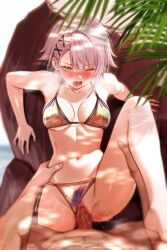 1boy 1girl alternate_costume art_undertaker bikini bikini_bottom_aside blush breasts breasts_apart clothing_aside commander_(girls&#039;_frontline) commentary english_commentary girls&#039;_frontline girls&#039;_frontline_2:_exilium gold_bikini grey_hair hair_ornament hetero highres medium_breasts navel one_eye_closed open_mouth penis pov sex short_hair stomach swimsuit uncensored vaginal vector_(girls&#039;_frontline) vector_(girls&#039;_frontline_2) x_hair_ornament yellow_eyes