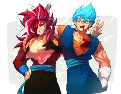 Rule 34 | blue sash, dougi, dragon ball, dragon ball heroes, dragon ball super, earrings, gloves, gogeta, gogeta (xeno), jewelry, long hair, male focus, metamoran vest, monkey boy, monkey tail, multiple boys, ommmyoh, potara earrings, red fur, saiyan, sash, super full power saiyan 4 limit breaker, super saiyan, super saiyan 4, super saiyan blue, tail, time patrol (dragon ball)