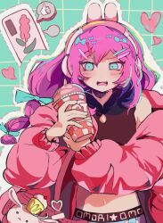 Rule 34 | 1girl, animal charm, animal ear headphones, animal ears, aqua bow, aqua eyes, aubrey (birthday) (omori), aubrey (faraway) (omori), aubrey (omori), bag, bare shoulders, belt, black belt, black shirt, blank speech bubble, blue pants, blush, bow, charm (object), clothes writing, commentary, copyright name, crop top, cropped shirt, cup, cupcake bunny (omori), disposable cup, double-parted bangs, drinking straw, fake animal ears, green background, grid background, hair between eyes, hair bow, hair ornament, hands up, headphones, heart, highres, holding, holding bag, holding cup, itoyu bluedaisy, jacket, long hair, long sleeves, looking at cup, looking at object, midriff, navel, official alternate costume, official alternate hairstyle, omori, open clothes, open jacket, open mouth, outline, pants, peanut mouth, phone, pink bag, pink hair, pink jacket, puffy long sleeves, puffy sleeves, rabbit ear headphones, shirt, shoulder bag, simple background, sleeveless, sleeveless shirt, solo, speech bubble, spoken thumbs up, star (symbol), symbol-only commentary, teeth, tongue, upper body, upper teeth only, v-shaped eyebrows, wavy mouth, white outline