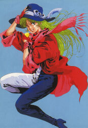 Rule 34 | 1980s (style), 1girl, fingerless gloves, gloves, green hair, grin, hand on own hat, hat, hat ribbon, high heels, highres, ink (medium), key visual, long hair, looking at viewer, megazone 23, mikimoto haruhiko, official art, oldschool, production art, promotional art, retro artstyle, ribbon, scan, scarf, smile, tokimatsuri eve, traditional media