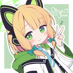 1girl absurdres animal_ear_headphones animal_ears blonde_hair blue_archive blue_necktie blush border bow buttons cat_ear_headphones closed_mouth collared_shirt commentary_request fake_animal_ears green_background green_bow green_eyes green_halo hair_bow halo hand_up headphones highres hood hood_down hooded_jacket jacket layered_sleeves long_sleeves looking_at_viewer midori_(blue_archive) necktie open_clothes open_jacket outline outside_border school_uniform shirt smile solo split_mouth textless_version unbuttoned v white_border white_jacket white_outline white_shirt wide_sleeves yuune_(ayanepuna)