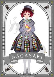 Rule 34 | 1girl, absurdres, arima kana, beret, blush, closed mouth, dress, grey dress, grey hat, grey shoes, hair between eyes, hat, highres, long sleeves, medium hair, official art, oshi no ko, pantyhose, red eyes, red hair, shoes, short hair, simple background, smile, solo, star (symbol), thighhighs, white background, white pantyhose, white thighhighs