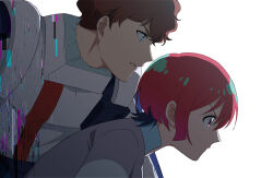 1boy 1girl amate_yuzuriha amuro_ray bodysuit brown_hair char&#039;s_counterattack commentary english_commentary from_side glitch gundam gundam_gquuuuuux highres long_sleeves mecha_pilot_suit mobile_suit_gundam normal_suit_(gundam) nvig00 opposing_sides parted_lips profile red_hair short_hair simple_background spacesuit sweater v-shaped_eyebrows white_background white_bodysuit