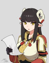 Rule 34 | 1girl, :o, black gloves, black hair, commentary, eyeshadow, gloves, grey background, hair ornament, highres, holding, holding paper, japanese clothes, long hair, looking at viewer, makeup, minoto, mocha mh, monster hunter (series), monster hunter rise, paper, pointy ears, red eyeshadow, signature, simple background, solo, symbol-only commentary, yellow eyes