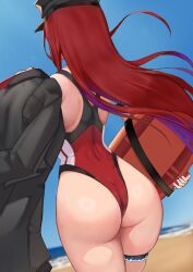 1girl absurdres ass ass_focus beach black_hat black_jacket blue_hair blue_sky blurry blurry_background colored_inner_hair commentary competition_swimsuit cowboy_shot day elizabeth_rose_bloodflame elizabeth_rose_bloodflame_(holonatsu_paradise) english_commentary floating_hair from_behind hat highleg highleg_one-piece_swimsuit highres holding holding_jacket holding_unworn_clothes hololive hololive_english jacket long_hair lunarisbloom multicolored_hair official_alternate_costume one-piece_swimsuit outdoors police_hat red_hair red_one-piece_swimsuit shiny_skin shore skindentation sky solo standing swimsuit thigh_strap two-tone_hair unworn_jacket very_long_hair virtual_youtuber