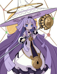 1girl absurdly_long_hair blue_eyes blunt_bangs blush bow brooch closed_mouth detached_sleeves dress frilled_dress frills hair_bow hair_ornament halo hat highres holding holding_staff jewelry large_hat long_hair looking_at_viewer majo_to_hyakkihei nezaria pink_pupils puffy_dress purple_bow purple_dress purple_hair sleeveless sleeveless_dress solo staff standing suaman two-tone_dress very_long_hair white_dress white_hat