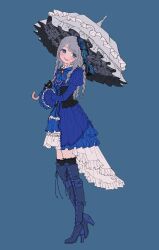 1girl 3jimo black_gloves blue_background blue_eyes boots dress drill_hair drill_sidelocks frills gloves hat high_heel_boots high_heels highres holding holding_umbrella kamen_rider kamen_rider_gavv_(series) liselle_jaldak lolita_fashion long_hair long_sleeves mini_hat open_mouth orange_brooch sidelocks simple_background smile solo thigh_boots umbrella white_hair