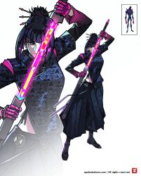 1girl absurdres apoloniodraws baggy_pants ben_10 ben_10:_alien_force chromastone genderswap genderswap_(mtf) gloves glowing glowing_sword glowing_weapon hair_ornament hairpin highres holding holding_sword holding_weapon mole mole_under_eye multiple_hairpins omnitrix pants pink_gloves purple_hair samurai sheath sword unsheathing weapon