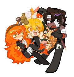Rule 34 | + +, 1boy, 2girls, bandages, bare shoulders, black pants, black shirt, blonde hair, brown hair, brown hairband, chopsticks, colored eyelashes, dango, dark-skinned male, dark skin, deformed, don quixote (project moon), fang, food, full body, green eyes, hairband, heathcliff (project moon), highres, holding, holding chopsticks, ishmael (project moon), limbus company, looking at another, multiple girls, octopus, onigiri, open mouth, orange eyes, orange hair, pants, project moon, purple eyes, scar, shi association (identity) (project moon), shirt, short hair, shrimp, shrimp tempura, simple background, skin fang, sleeveless, standing, tempura, wagashi, white background, wu kai zajiao shiyan shi