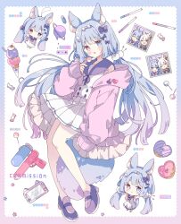 Rule 34 | 1girl, :d, absurdres, animal ear fluff, animal ears, blue border, blue eyes, blue hair, blue sailor collar, blue shoes, blush, border, borrowed character, candy, chibi, closed mouth, commentary, commission, donut, dress, food, fox ears, fox girl, fox tail, full body, gradient border, hair ornament, handheld game console, heterochromia, highres, holding, holding candy, holding food, holding lollipop, hood, hoodie, ice cream, lollipop, long hair, long sleeves, looking at viewer, low twintails, multiple scoops, open clothes, open hoodie, open mouth, original, outside border, photo (object), pink border, pink eyes, pink hoodie, pleated dress, pom pom (clothes), pom pom hair ornament, sailor collar, shoes, simple background, skeb commission, sleeveless, sleeveless dress, sleeves past wrists, smile, standing, tail, tsukiyo (skymint), twintails, water gun, white background, white dress, wrapped candy
