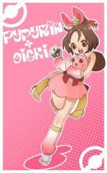 blush brown_eyes brown_hair creatures_(company) english_text fingernails game_freak gen_2_pokemon hair_ornament hair_ribbon holding holding_pokemon igglybuff japanese_clothes kimono leg_warmers legs nintendo oichi oichi_(sengoku_musou) parted_bangs pink_background poke_ball pokemon pokemon_(creature) pokemon_conquest ribbon sandals sengoku_musou short_hair skirt smile socks tayu_568