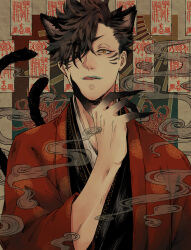 1boy :q animal_ears black_hair blue_lips bodypaint cat_ears cat_tail colored_extremities eyeliner fake_whiskers fingernails haikyuu!! hair_over_one_eye hand_on_own_face highres japanese_clothes kami88118818 kuroo_tetsurou looking_at_viewer makeup male_focus sharp_fingernails short_hair solo tail tongue tongue_out yellow_eyes