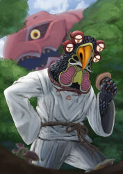 1boy alien beak belt black_feathers brown_belt claws colored_skin commentary_request croco_seijin day extra_eyes facial_hair feathers forest highres holding holding_mushroom kaiju male_focus mushroom mustache nature orange_eyes outdoors pants red_skin rope rope_belt shagong sharp_teeth shirt teeth tokusatsu tree ultra_series ultraman_arc_(series) white_pants white_shirt wrinkled_fabric yamakazema