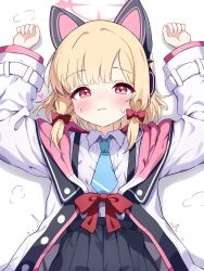 Rule 34 | 1girl, :3, animal ear headphones, animal ears, arms up, black skirt, blonde hair, blue archive, blue necktie, blush, bow, cardcat 00, cat ear headphones, cat ears, closed mouth, collared shirt, commentary request, fake animal ears, hair bow, halo, headphones, highres, jacket, korean commentary, long sleeves, looking at viewer, low-tied sidelocks, lying, momoi (blue archive), necktie, on back, pink eyes, pink halo, pleated skirt, red bow, shirt, short hair, short necktie, sidelocks, skirt, solo, suspender skirt, suspenders, white jacket, white shirt