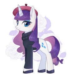 animal animal_focus beatnik beret black_sweater blue_eyes blue_eyeshadow choco_hosikawa clothed_animal commentary cutie_mark english_commentary eyeshadow full_body hat horse long_hair looking_at_viewer makeup my_little_pony my_little_pony:_friendship_is_magic no_humans official_alternate_costume pink_hat pony_(animal) purple_hair rarity_(my_little_pony) solo standing sweater tail unicorn unicorn_horn