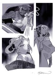 1boy 2girls cigarette claws greyscale highres marvel mohawk monochrome multiple_girls rogue_(x-men) shirt simone_di_meo sketch sleeveless sleeveless_shirt smoking storm_(x-men) wolverine_(x-men) x-men