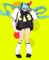 1girl absurdres bandaid bandaid_on_knee bandaid_on_leg black_jacket black_shoes black_shorts blue_hair commentary emoji full_body glasses hands_up hatsune_miku highres jacket long_hair long_sleeves looking_at_viewer loose_socks mark_jin open_mouth pleading_face_emoji round_eyewear shoes shorts smile socks solo standing twintails vocaloid yellow_background