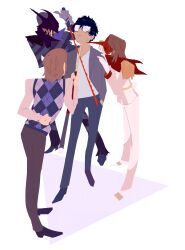 4boys absurdres akechi_gorou amamiya_ren arm_behind_back armor black_bodysuit black_boots black_hair black_mask black_mask_(persona_5) black_shoes blue_pants blue_sweater_vest bodysuit boots brown_hair brown_pants checkered_sweater_vest crow_(persona_5) cue_stick epaulettes frown glasses gloves grey_gloves grey_jacket hand_on_another&#039;s_shoulder head_back head_tilt highres holding holding_cue_stick holding_sword holding_weapon jacket looking_at_another medium_hair multiple_boys multiple_persona pants pauldrons persona persona_5 plaid_clothes red_mask shegnanny shirt shoes short_hair shoulder_armor simple_background smile standing striped_bodysuit sweatdrop sweater_vest sword sword_to_throat weapon white_background white_gloves white_pants white_shirt white_shoes