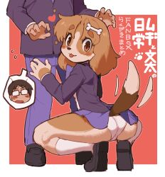 1boy 1girl :3 animal_ears ass ass_focus black_shoes blush blush_stickers bone_hair_ornament border brown_fur brown_hair closed_mouth commentary_request cover cover_page crotch_seam dog_ears dog_girl flying_sweatdrops furry furry_female furry_with_non-furry glasses hair_ornament hand_on_another&#039;s_crotch hetero interspecies knees_apart_feet_together lifted_by_tail original outside_border paid_reward_available panties pantyshot paw_print red_background sanjiro_(tenshin_anman) school_uniform shoes socks solo_focus squatting tail tail_raised tail_wagging tiptoes tongue tongue_out translation_request underwear white_border white_panties