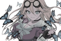 1girl black_gloves blue_butterfly blue_eyes bow breasts bug butterfly cleavage corded_phone crying danganronpa_(series) danganronpa_v3:_killing_harmony fingerless_gloves gloves goggles goggles_on_head hands_up highres holding holding_phone insect iruma_miu long_hair phone pink_shirt sailor_collar shirt solo sukizukiko twitter_username upper_body white_bow white_sailor_collar