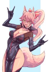1girl animal_ear_fluff bow breasts choker cleavage cowboy_shot double-parted_bangs double_fox_shadow_puppet elbow_gloves ex_269otyawan eyewear_strap fate/grand_order fate_(series) fox_girl fox_shadow_puppet fox_tail glasses gloves groin hair_between_eyes hair_bow highres hip_vent koyanskaya_(assassin)_(first_ascension)_(fate) koyanskaya_(fate) open_mouth partially_unzipped ponytail simple_background solo tail tamamo_(fate) virtual_youtuber yellow_eyes
