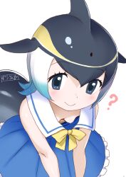 ? absurdres animal_ears black_hair blonde_hair blowhole blue_eyes blue_hair blush bow breasts cetacean_tail clueless commentary common_dolphin_(kemono_friends) dolphin_girl dorsal_fin downblouse dress fins fish_tail from_above grey_hair highres kemono_friends kemono_friends_3 masuyama_ryou multicolored_hair sailor_collar shirt short_hair sleeveless small_breasts smile tail white_hair