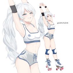 1girl absurdres armpits blue_eyes breasts collarbone gen.fleur grey_eyes highres knee_pads long_hair looking_at_viewer midriff navel ponytail roller_skates rwby scar scar_across_eye scar_on_face side_ponytail skates small_breasts smile solo sports_bra sportswear thick_thighs thighs weiss_schnee white_hair